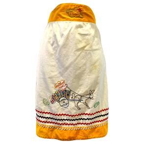 Vintage Apron For Women White Yellow Half Hand Embroidery Handmade Donkey Cart